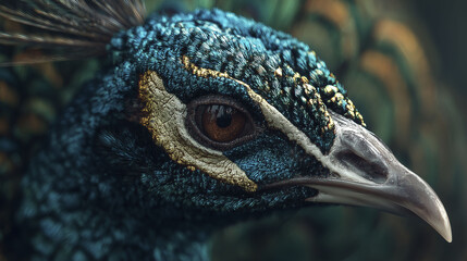 Obraz premium A close‑up shows a peacock’s vibrant feathers in blue and green. Intricate eye patterns highlight its beauty and uniqueness. The image emphasizes peacock, feathers, and beauty.
