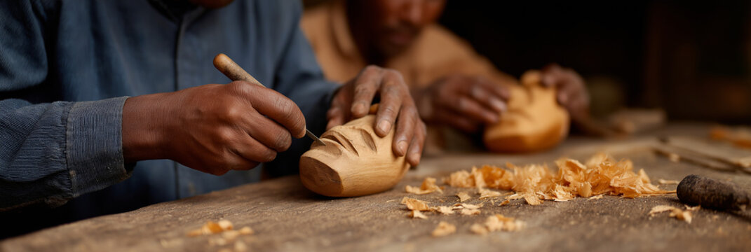 Two craftsmen skillfully carving wooden masks in a rustic workshop filled with shavings, embodying the dedication and artistry involved in traditional woodworking.