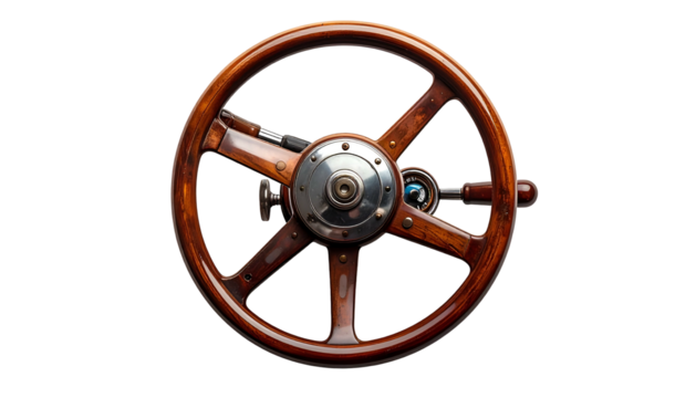 Overhead view of a classic wooden boat steering wheel with metal accents, centered