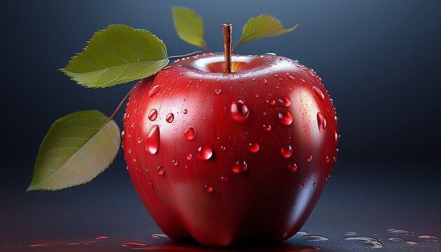 red apple with water droplets and leaf
