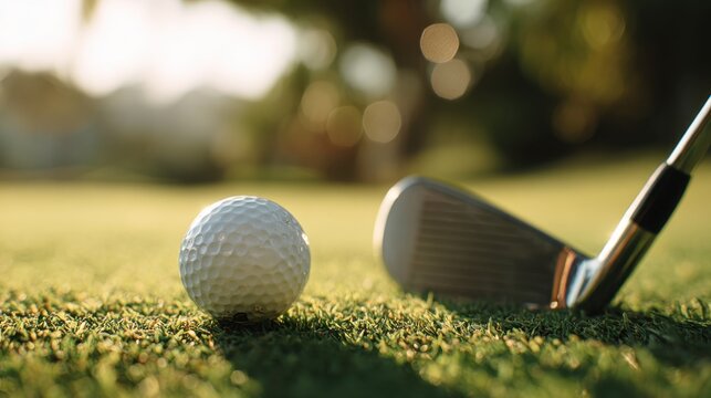 Golf ball sits on the grass as a club approaches capturing a moment of excitement on the course.