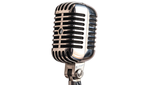 Classic chrome microphone against a stark black background. Detailed, isolated studio shot