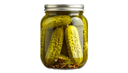 Close-up of pickles in a glass jar submerged in brine, metal lid, isolated on black