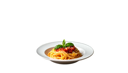 Plate of spaghetti, with tomato sauce, cheese and basil garnish on a stark black background