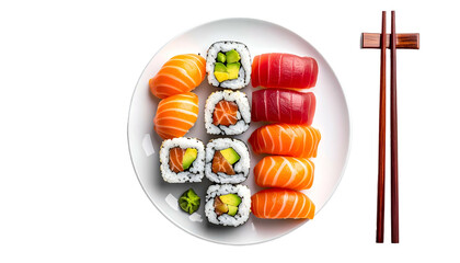 Overhead view of a white plate with assorted sushi, plus chopsticks resting next to it