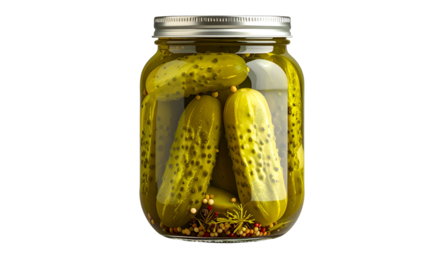 Close-up of pickles in a glass jar submerged in brine, metal lid, isolated on black