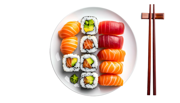 Overhead view of a white plate with assorted sushi, plus chopsticks resting next to it - Powered by Adobe