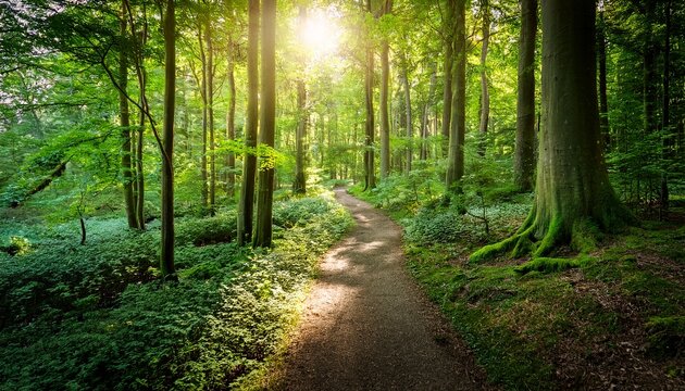 sunlit path through dense green forest