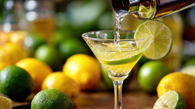 A bartender pours a sparkling drink into a glass garnished with fresh lime surrounded by colorful citrus.
