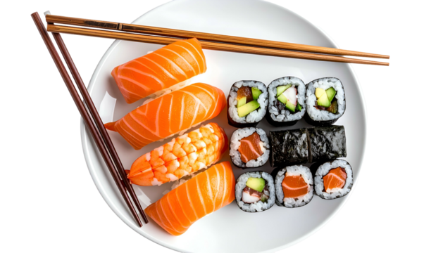 A plate of sushi with salmon nigiri, rolls, shrimp, and chopsticks