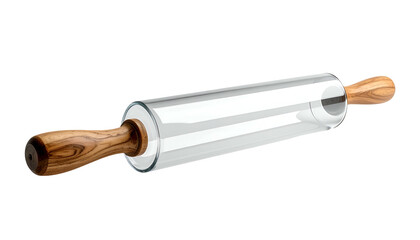 A transparent rolling tool with wooden handles, set against a stark black background