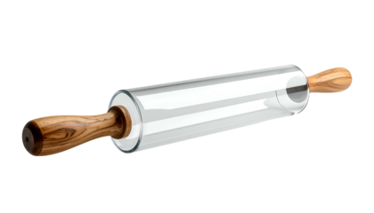 A transparent rolling tool with wooden handles, set against a stark black background