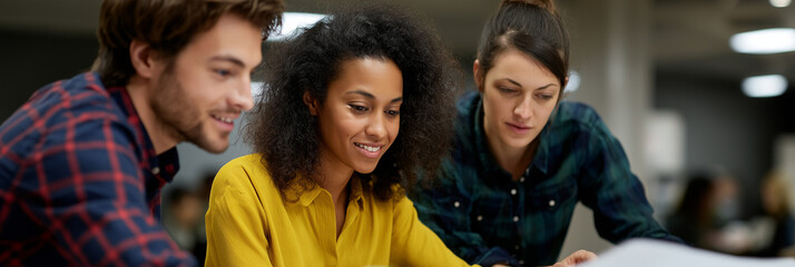 Three young friends collaboratively working on a project in a modern workspace epitomizes teamwork, creativity, and the thrill of exchanging ideas while building strong relationships.