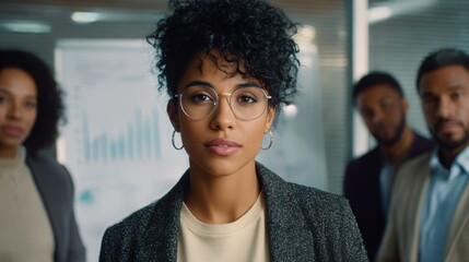 Portrait of a confident woman wearing glasses standing in front of her colleagues in an office. Conceptual representation of leadership, analytics, and business teamwork.