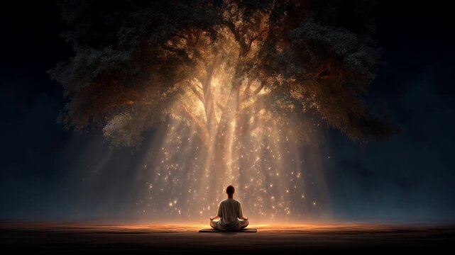 buddhist monk sitting in deep meditation beneath a large fig tree at night, as a golden beam of light shining down onto his head. enlightenment crown chakra awakening nirvana cosmic light transcendent