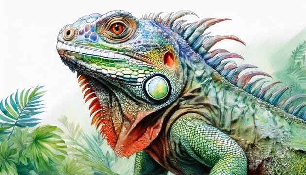 an intricately detailed pencil sketch of a vibrant iguana capturing the textured scales and the reptile s keen gaze the artwork highlights the iguana s imposing presence
