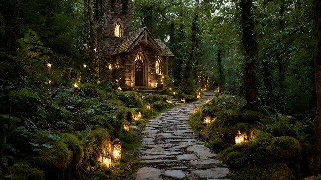 Mystical stone chapel in an enchanted forest with illuminated path.