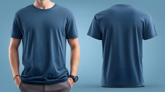 A navy blue tshirt is presented from the front and back apparel mockup, garment visualisation, t shirt template, clothing presentation, fashion mockup