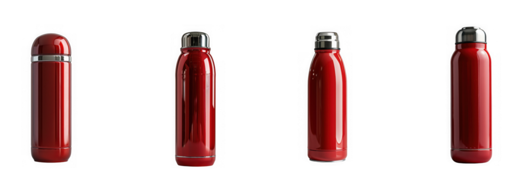 Four red metallic water bottles with different caps isolated on transparent background