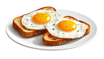 Plate of two sunny-side-up eggs on toasted bread, garnished, isolated on black