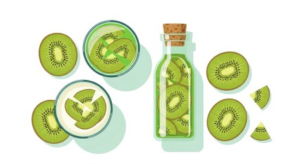 Fresh Kiwi Fruit Still Life with Slices in Bottle and Bowl