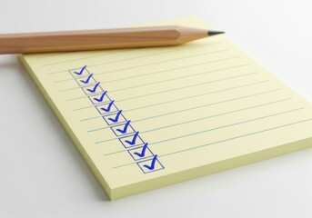 Yellow notepad with checked boxes and pencil isolated on cream beige background