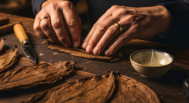 Artisan hands carefully rolling tobacco leaves for cigar making. - Powered by Adobe
