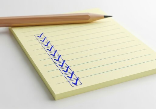Yellow notepad with checked boxes and pencil isolated on cream beige background