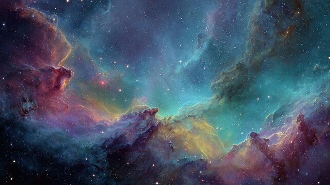 Vibrant colors blend in the vastness of space showcasing stunning cosmic formations and stars.