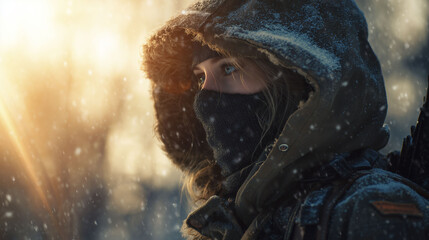 A young woman with a hooded coat stands in a snowy environment, her eyes focused on something in the distance. Snowflakes fall around her, and the sunlight creates a warm backdrop. This image