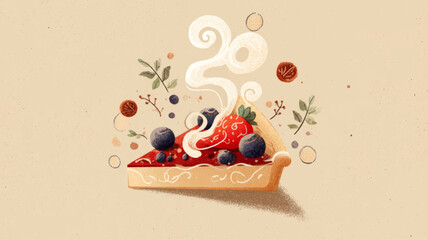 Warm slice of homemade berry pie with strawberries and blueberries steaming gently, cozy beige vector illustration celebrating National Pie Day and the joy of comforting homemade desserts.