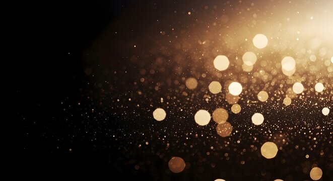 Abstract golden bokeh lights and particles shimmering on a dark background with a bright light source