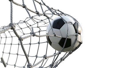 A soccer ball, with black and white panels, nestles in the netting of a goal