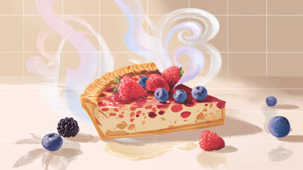 Warm slice of homemade berry pie with strawberries and blueberries steaming gently, cozy beige vector illustration celebrating National Pie Day and the joy of comforting homemade desserts.