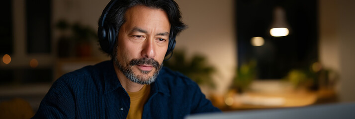 A focused man wearing headphones is intensely working at his laptop in a softly lit home office, illustrating modern life and the balance of work and relaxation in a cozy environment.