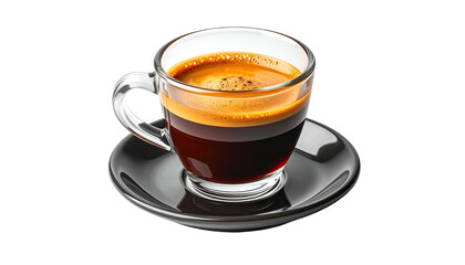 Close-up of espresso in glass cup atop saucer, rich crema and dark coffee