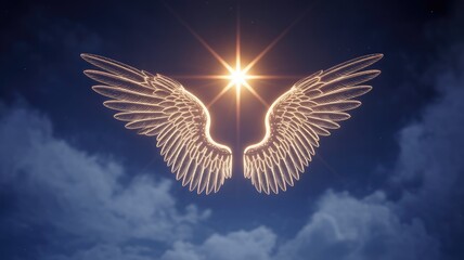 Glowing golden wings spread beneath a radiant star against a mystical dark sky, symbolizing divine hope, freedom, and spiritual ascension.