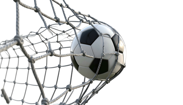 A soccer ball, with black and white panels, nestles in the netting of a goal - Powered by Adobe