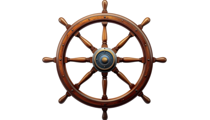 Detailed, digital illustration of a ship's wooden helm, central on black