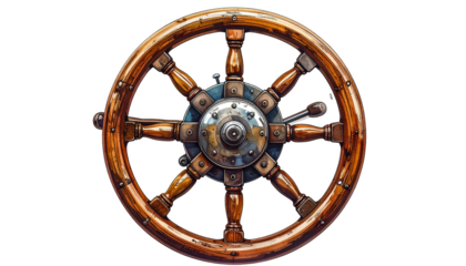 A detailed image of an old, wooden ship's steering wheel against a stark black background