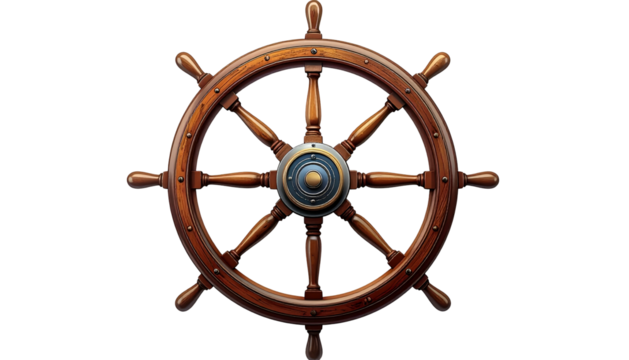 Detailed, digital illustration of a ship's wooden helm, central on black