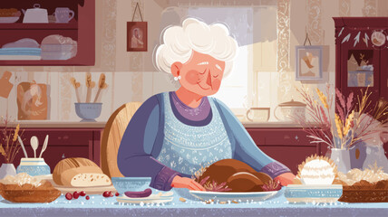 Elderly woman preparing homemade bread and pies in warm red festive kitchen, symbolic vector celebrating National Pie Day with gratitude, faith, and the beauty of traditional home baking.