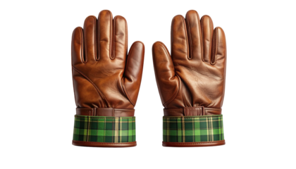 Pair of brown leather gloves, each with green tartan cuff, against a black background