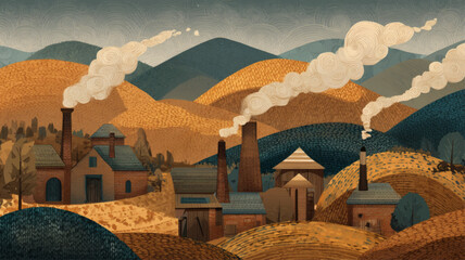 Charming countryside bakery scene with smoke chimneys among golden hills, warm nostalgic vector landscape honoring National Pie Day and the heritage of traditional handmade baking.
