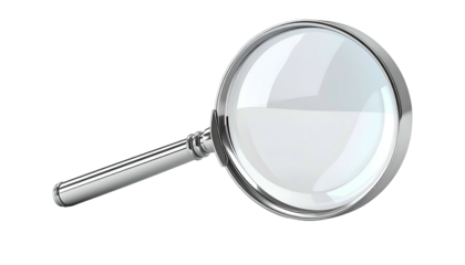 Shiny magnifying glass, silver frame, transparent lens, isolated on black