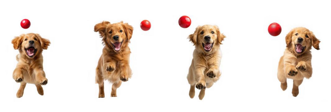 Four golden retriever puppies jumping to catch red balls isolated on transparent background