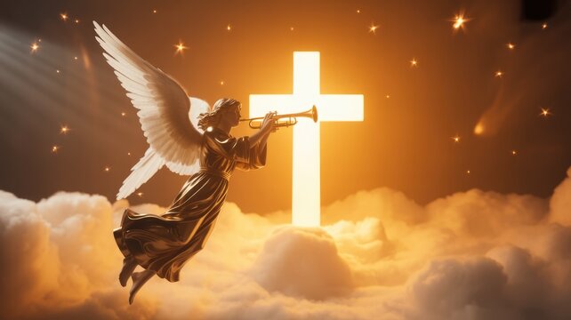 A golden angel with majestic wings plays a trumpet, floating amidst radiant clouds before a brightly glowing white cross and sparkling stars.