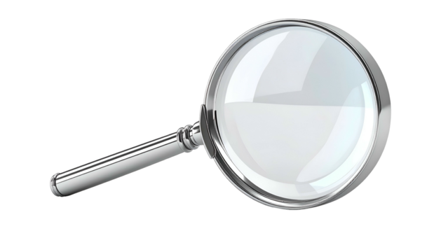 Shiny magnifying glass, silver frame, transparent lens, isolated on black - Powered by Adobe