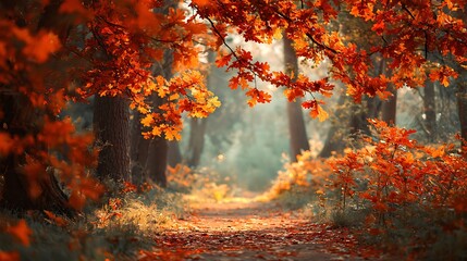 Sunlit woodland trail with fiery red and orange autumn foliage