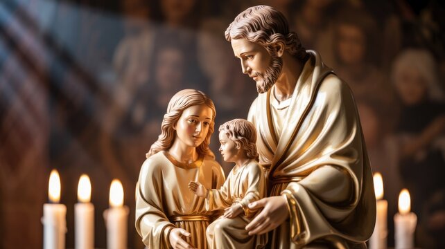Golden statue of the Holy Family: Joseph, Mary, and child Jesus, illuminated by divine light and flickering candles, symbolizing faith and love.